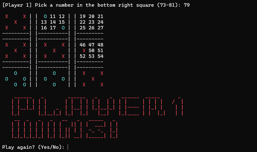 Ultimate Tic Tac Toe in C++ - End-Game Screenshot